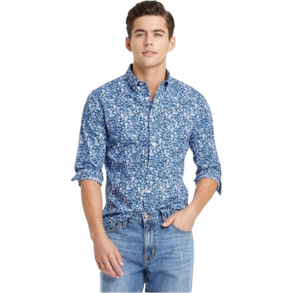 Men's long Sleeve Button up Slim Fit shirt by Goodfellow, Allure Blue Floral